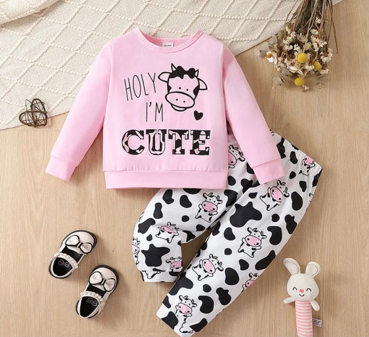 Baby Girl 2 Piece Pink And Black Cow Sweatshirt And Matching Pants